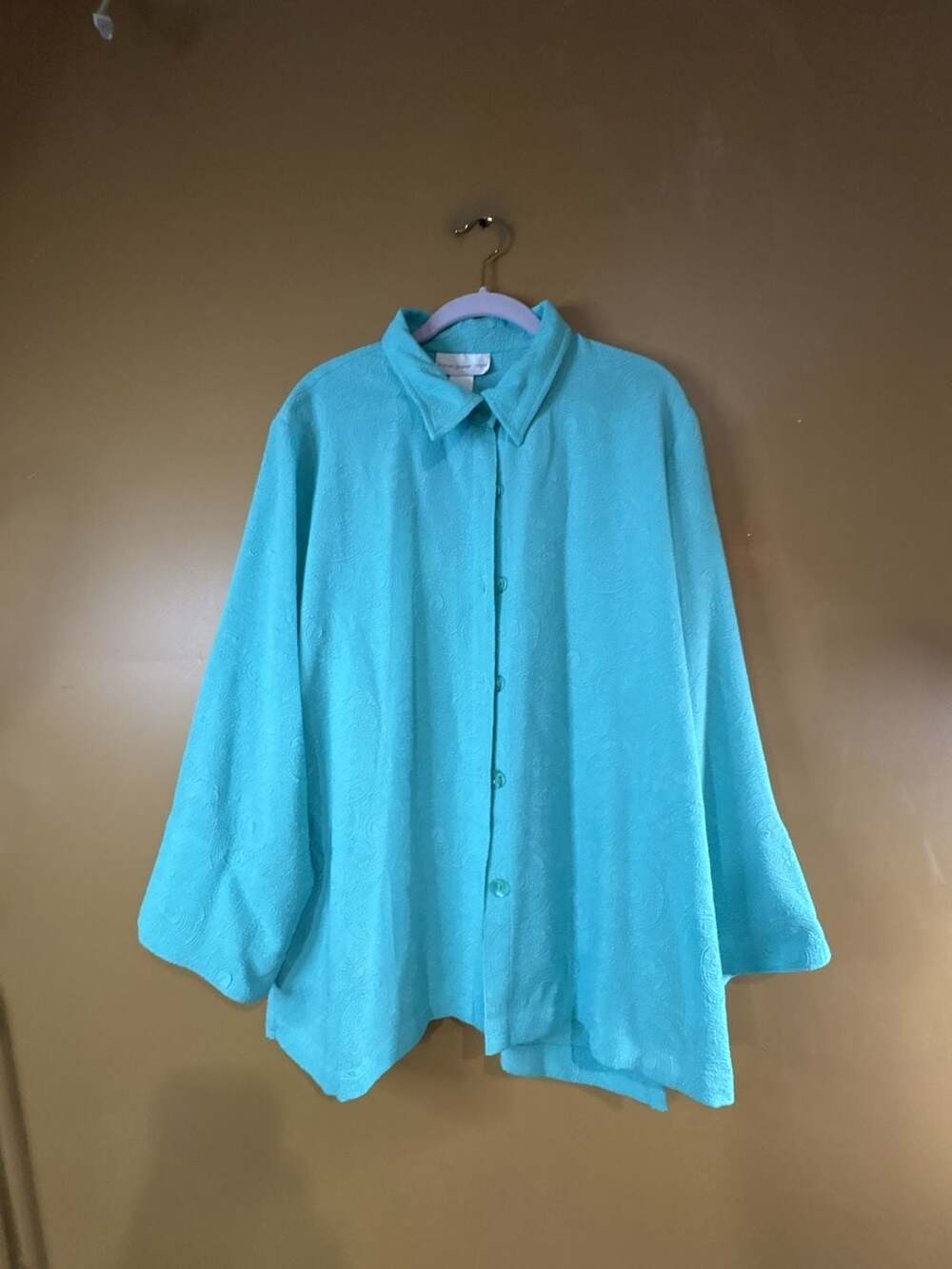 HC1093. Susan Graver Style Turquoise Jacquard Button-Down Shirt Top XL